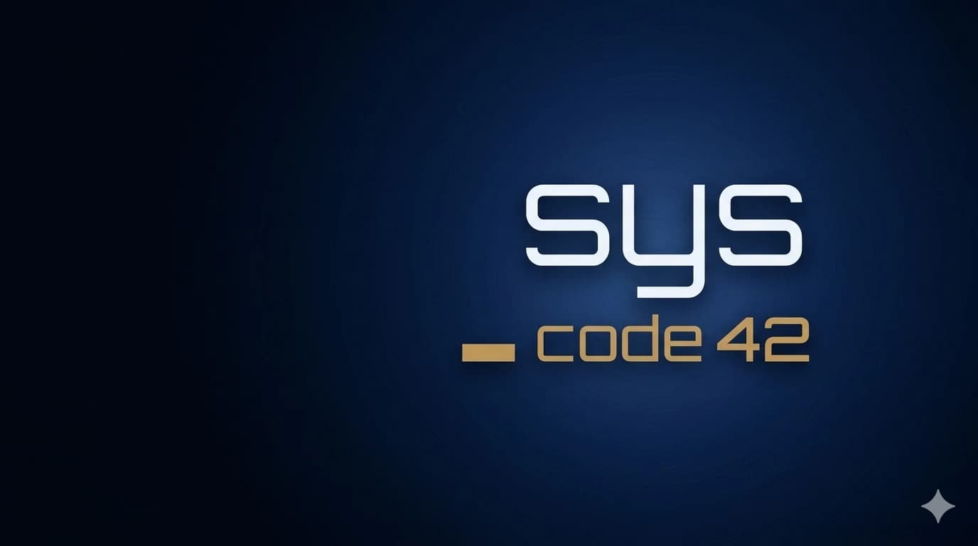 Logotipo da Syscode42 em branco e dourado sobre fundo azul-marinho com brilho radial